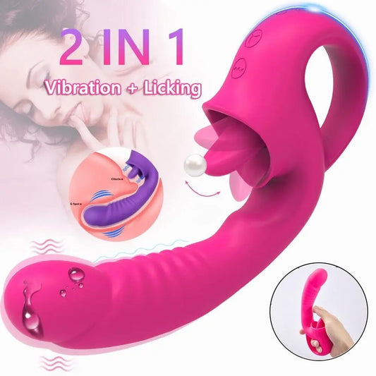 2 In 1 Tongue Licking Dildo Vibrator with Handled Clit Licker Vagina G Spot Stimulator Orgasm Sex Toy Female Masturbator