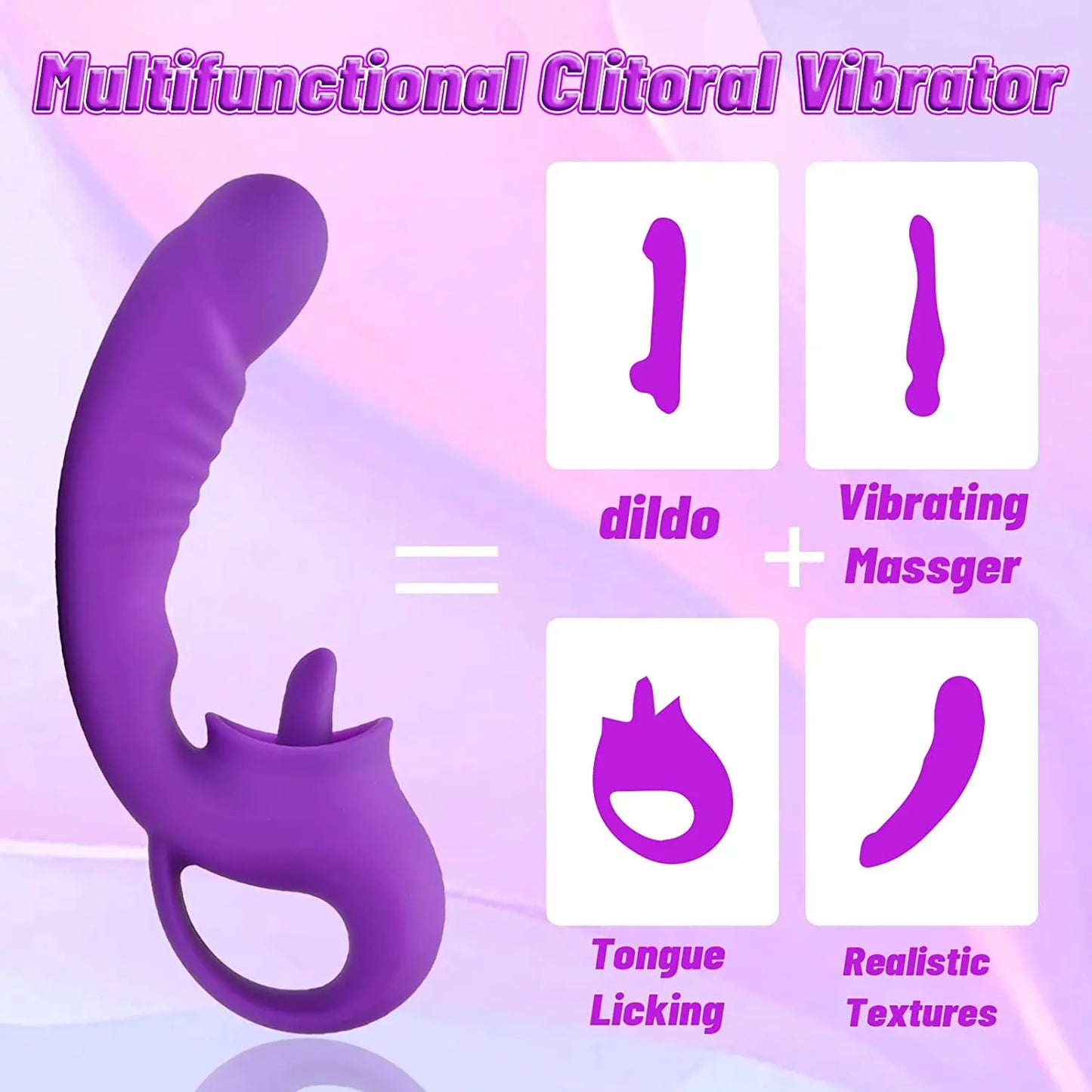 2 In 1 Tongue Licking Dildo Vibrator with Handled Clit Licker Vagina G Spot Stimulator Orgasm Sex Toy Female Masturbator