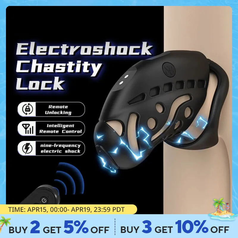 LOCKINK Remote Control Electric Shock Male Cock Cage Chastity E-stim Intensities Chastity Cage with 3 Active Rings Adult Sex Toy