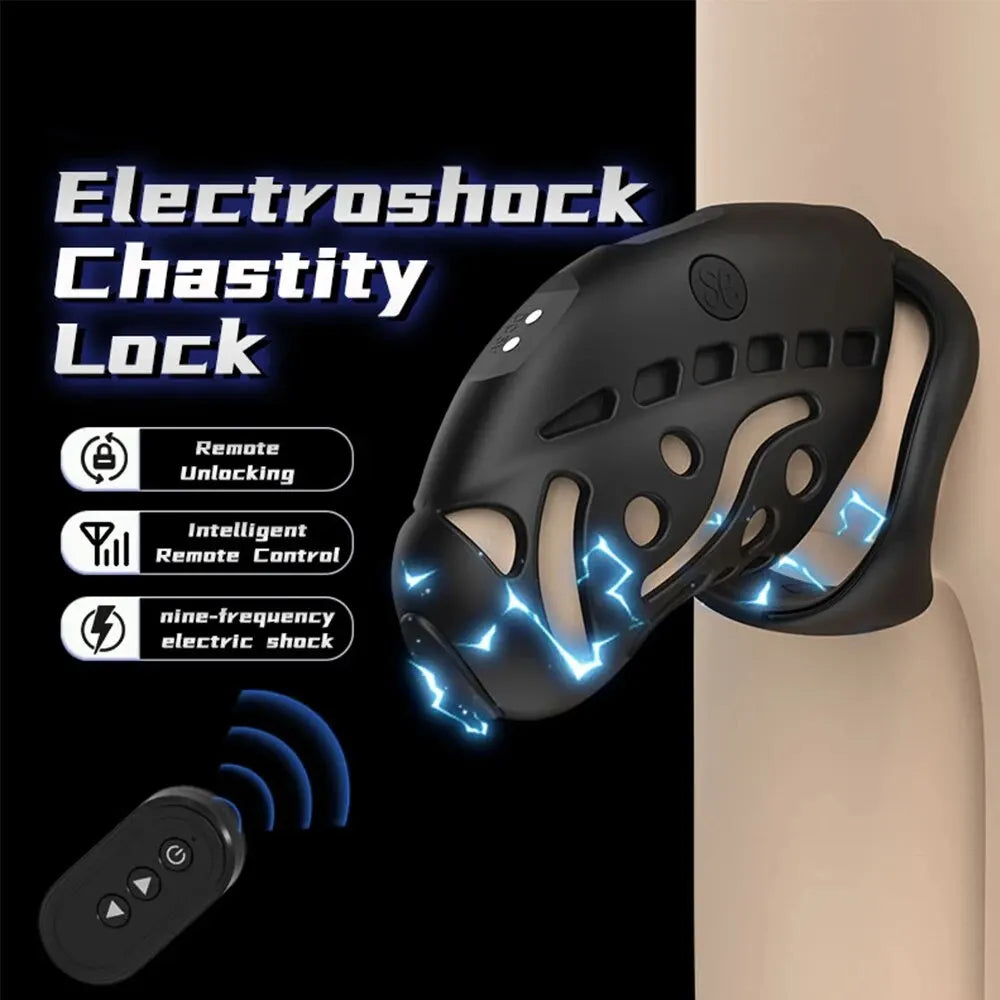 LOCKINK Remote Control Electric Shock Male Cock Cage Chastity E-stim Intensities Chastity Cage with 3 Active Rings Adult Sex Toy